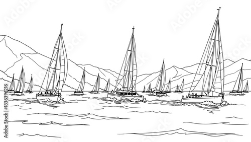 Sailing boats in motion: linear line art of yachts on mountain lake