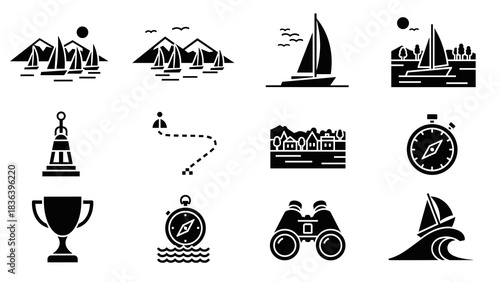 Nautical adventure icons: sailing, navigation, and marine elements in bold silhouette style