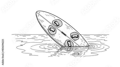 Capsized canoe line art with sad faces in water