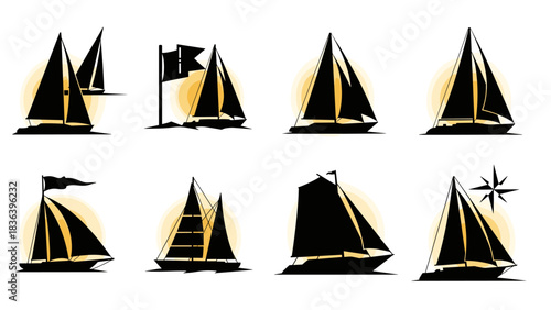 Stylized sailboat silhouettes collection with nautical accents