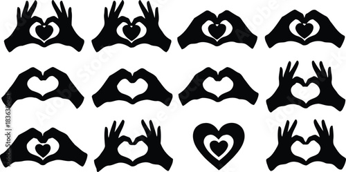 Collection of hand heart symbols in black silhouette expressing love and affection through gestures perfect for valentine s day romantic designs and symbolic representations