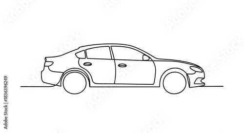 Continuous line drawing of a modern sedan car side view minimalist design.