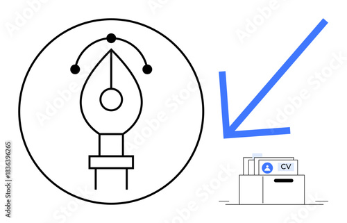 Recruitment concept. Illustration of a pen tool creative design next to a resume icon in a file drawer. Recruitment linking design skills and job applications. Great for HR, portfolios, creative