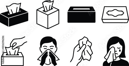Set of black and white tissue box icons showing different styles and uses including blowing nose and wiping tears on a white background