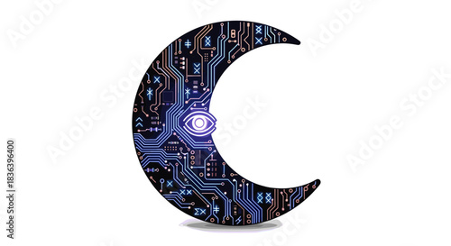 Digital crescent moon with eye technology and circuit board design.