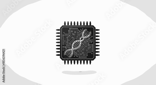 DNA helix integrated within a computer microchip circuit board.