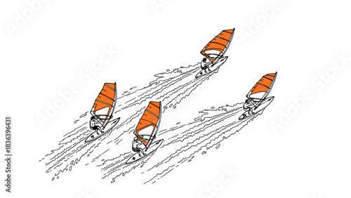 Dynamic isometric wind surfers racing on waves with orange sails