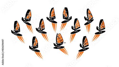 Dynamic windsurfing silhouettes with vibrant geometric sails