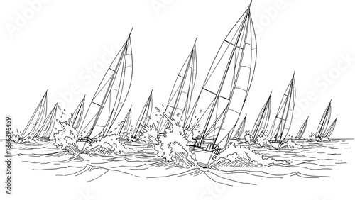 Sailboats racing on open sea with splashes in detailed line art