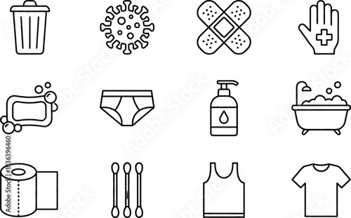 Collection of hygiene and health related icons in a minimalist line art style depicting various items for personal care sanitation and medical assistance on a white background