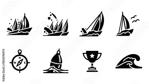 Nautical adventure icons: sailboats, compass, trophy, waves