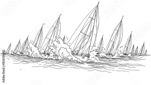 Dynamic line art of sailing boats racing on ocean waves