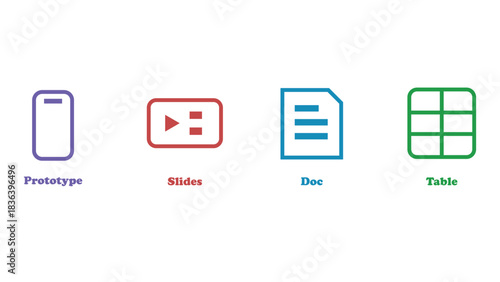 Data presentation icons set: prototype, slides, document, and table