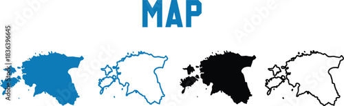 Estonia map in multiple styles blue fill outline black silhouette and simple line drawing for geographic representation and design elements on a white background