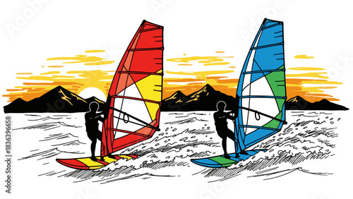 Colorful windsurfing silhouettes against a vibrant sunset over ocean waves