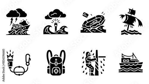 Nautical safety icons: weather, emergency gear, and rescue symbols set