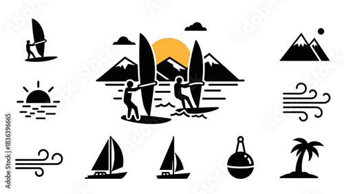 Silhouette windsurfing with tropical and mountain elements at sunset