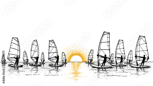 Windsurfers at sunset: silhouette illustration of sailboards on water
