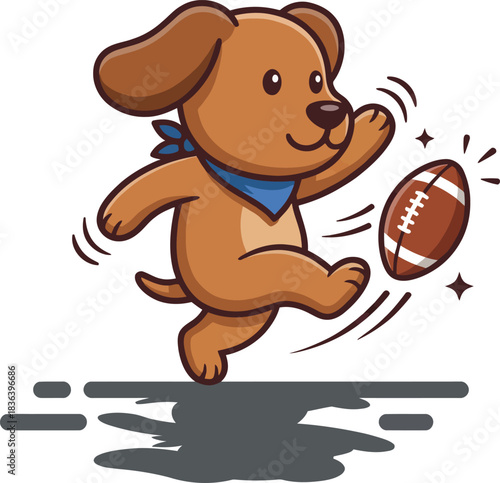 Cartoon dog kicking football with blue bandana a playful illustration for children s books educational materials or sport themed designs with a cute and energetic vibe