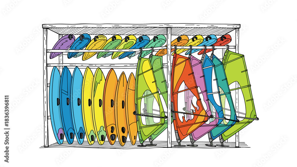 Naklejka premium Colorful surfboards and windsurfing sails organized in a rack