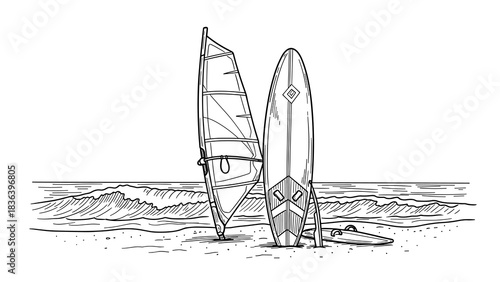 Surfboards and windsurfing boards on beach with ocean waves in hand drawn style