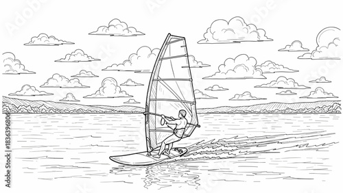 Hand-drawn windsurfing adventure with scenic ocean view under cloudy sky