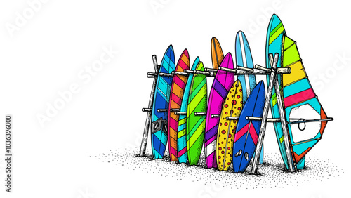 Colorful surfboards on stand against white background