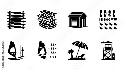Beach respite icons: surfboards, windsailing, tropical relaxation, and lifeguard tower silhouettes