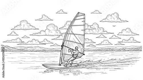 Dynamic line art of windsurfing adventure in coastal seascape with cloudy sky