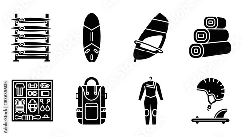 Outdoor adventure gear icons: kayaking, surfing, climbing essentials in bold silhouette style