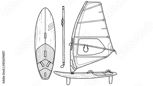 Detailed outline of windsurfing gear including sail and board components