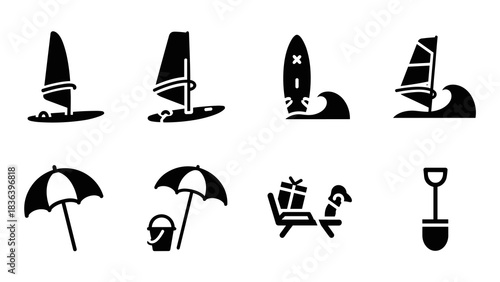 Beach and surf icons in bold silhouette style