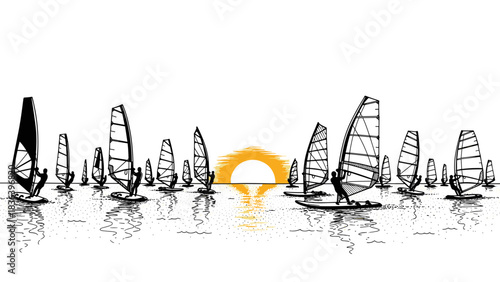 Silhouette wind surfers at sunset on calm ocean waters