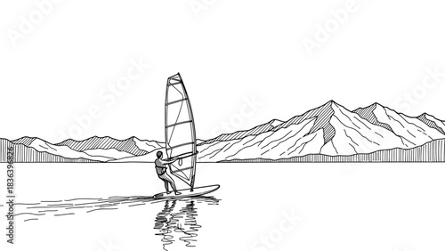 Windsurfing adventure on calm lake with majestic mountain views in linear style