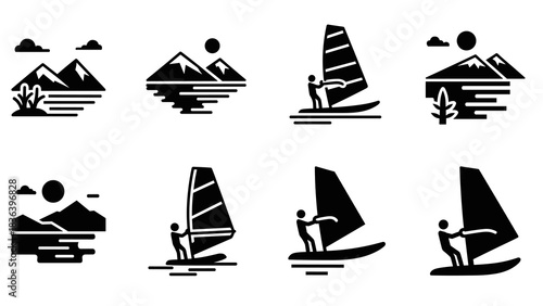 Minimalist nature and windsurfing icons with mountains and sun elements