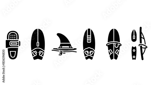Silhouette icons of windsurfing equipment in black and white style