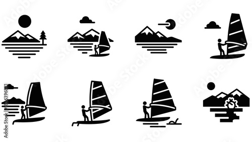 Outdoor adventure icons: mountains and windsurfing silhouettes