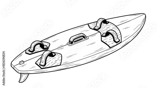 Hand drawn surfboard sketch with footstraps and fins in monochrome style