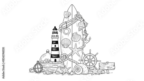 Nautical beach scene with surfboard and lighthouse in detailed black and white sketch