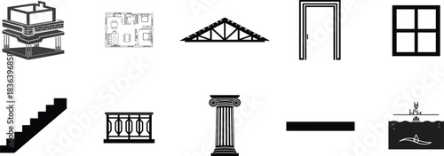 A collection of simple line art icons representing building components like foundations, blueprints, roof trusses, doors, windows, and stairs for architectural use