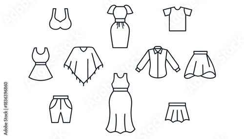 Set of Hand-Drawn Outline Icons Representing Various Women's Fashion and Clothing Items, Including Dresses, Skirts, Blouse, Poncho, T-Shirt, and Shorts, Isolated Vector Illustration.