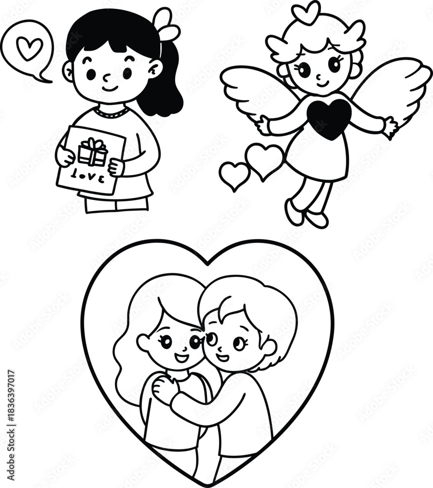 Obraz premium Adorable Romantic Clipart Couple Hug, Cupid, and Love Elements