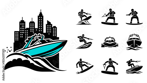 Dynamic watersports silhouette set with cityscape and motorboat in action