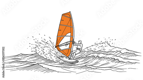 Dynamic line art of windsurfer navigating ocean waves with vibrant sail