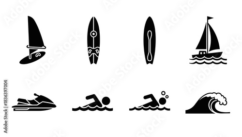 Silhouette icons of water sports including sailing and surfing activities