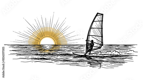 Sketched windsurfer at sunset on ocean waves with radiant sun