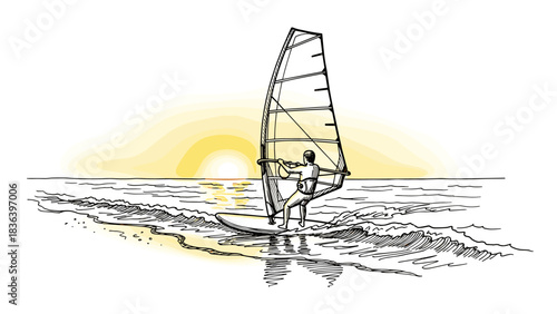 Windsurfing at sunset: hand-drawn adventure on the waves