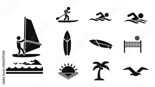 Beach activities icon set: surfing, paddleboarding, and more in minimalist silhouette style