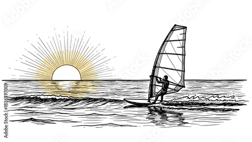 Silhouette of windsurfer at sunset with radiant sun over ocean waves