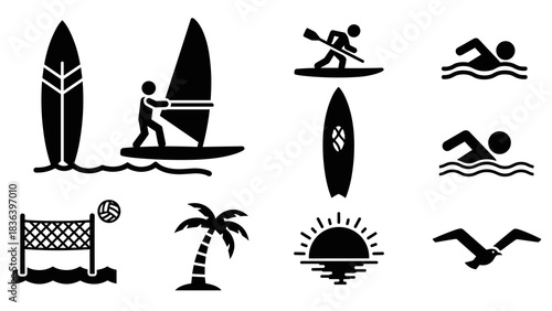 Beach activities icons: surfing, swimming, and sailing in modern silhouette style